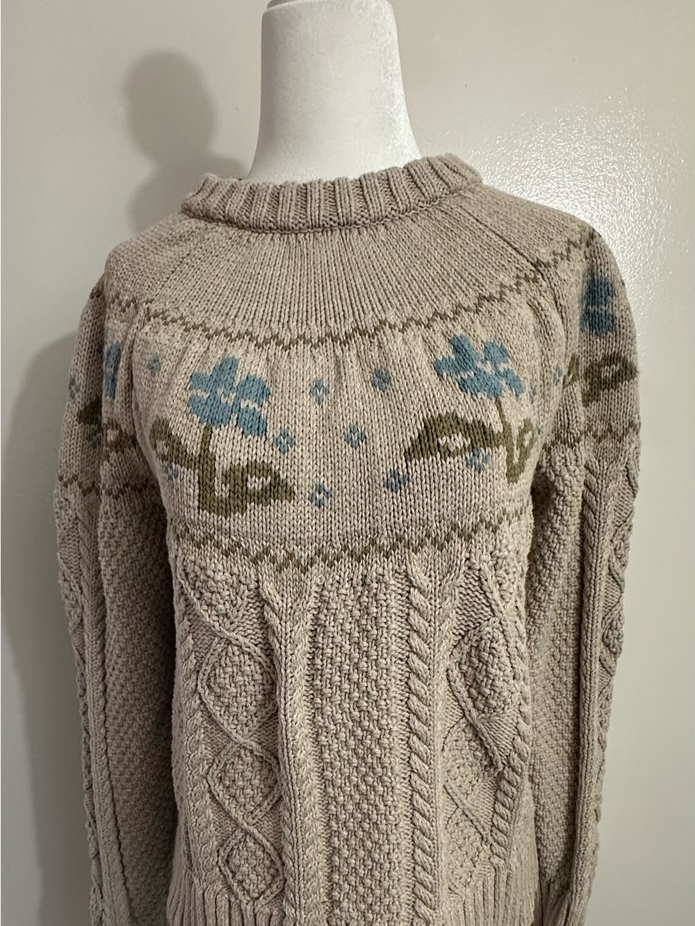 Signature Beige Cable Knit Sweater with Blue Floral Yoke